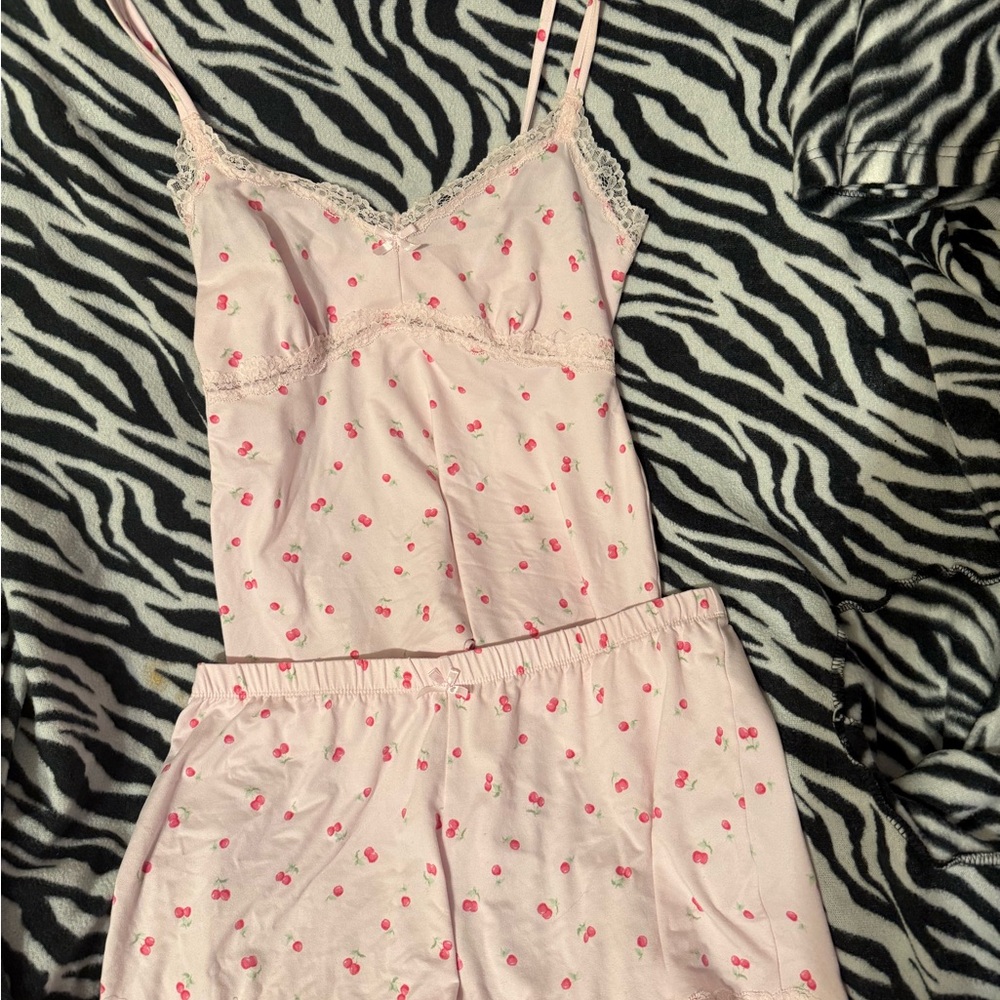 Laura Ashley Pink Cherry Pajama Set with Ruffled Details